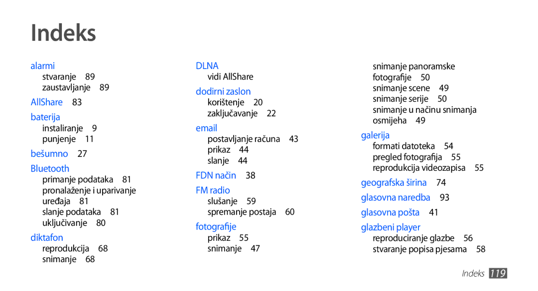 Samsung GT2S5660DSATRA, GT-S5660DSATRA manual Indeks, Vidi AllShare, FM radio slušanje 59 spremanje postaja  