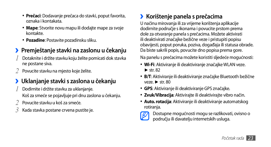 Samsung GT2S5660DSATRA, GT-S5660DSATRA manual ››Korištenje panela s prečacima, ››Uklanjanje stavki s zaslona u čekanju 