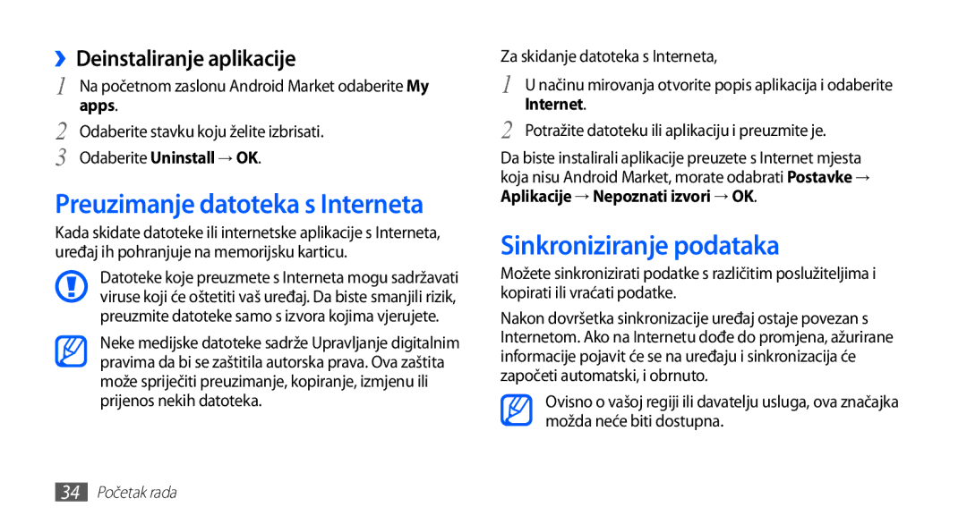 Samsung GT-S5660DSATRA manual Preuzimanje datoteka s Interneta, Sinkroniziranje podataka, ››Deinstaliranje aplikacije, Apps 