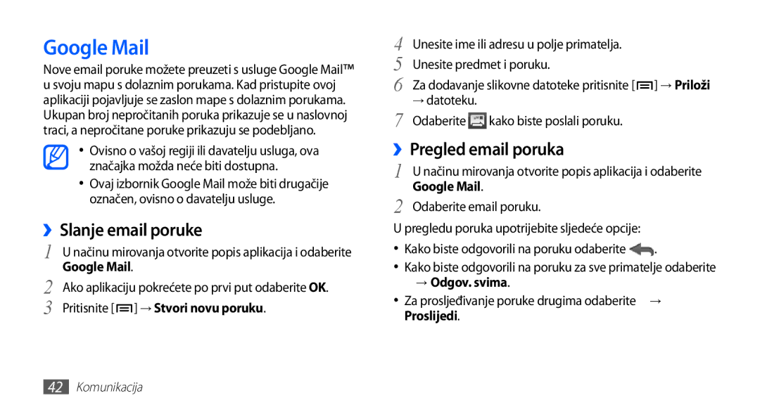 Samsung GT-S5660DSATRA, GT2S5660DSATRA manual Google Mail, ››Slanje email poruke, ››Pregled email poruka 