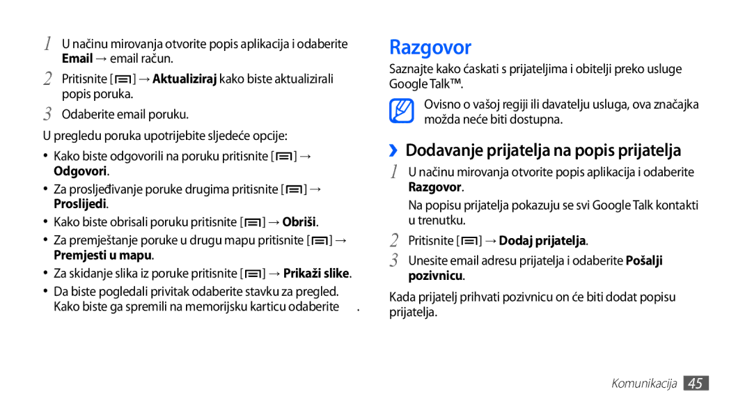 Samsung GT2S5660DSATRA, GT-S5660DSATRA manual Razgovor, ››Dodavanje prijatelja na popis prijatelja 