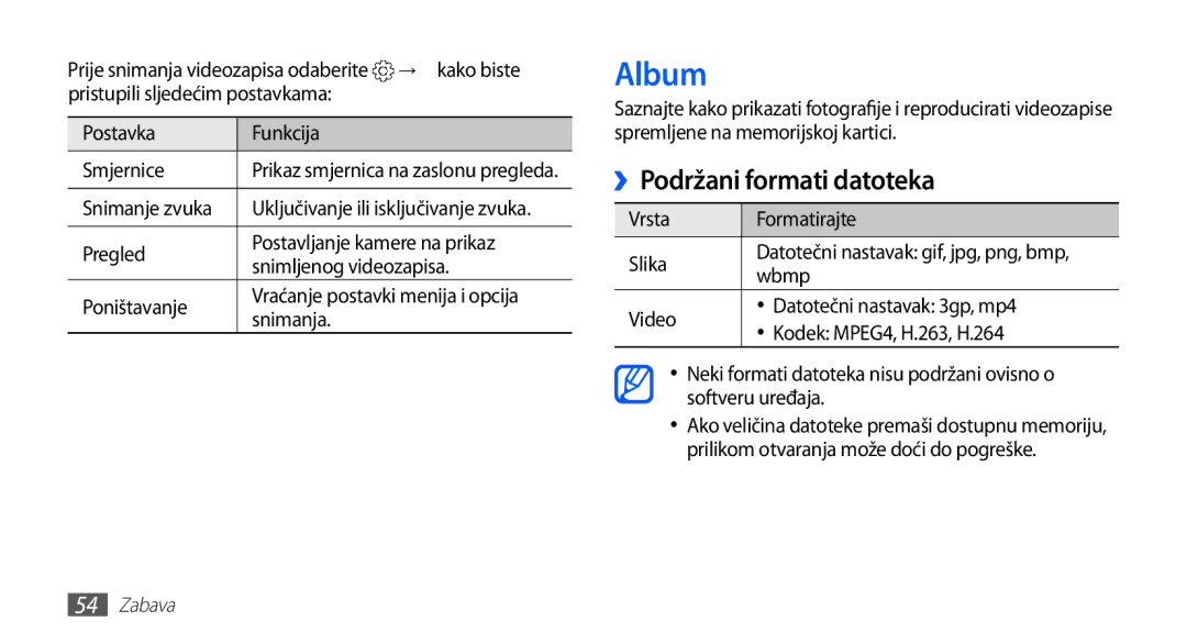 Samsung GT-S5660DSATRA, GT2S5660DSATRA manual Album, ››Podržani formati datoteka, Vrsta Formatirajte Slika, Wbmp 