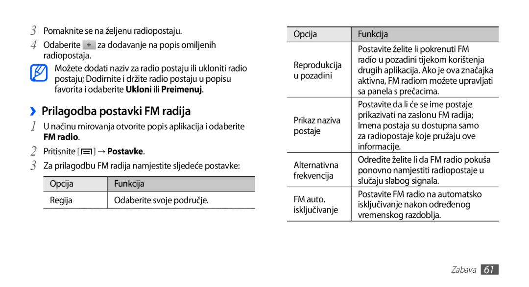 Samsung GT2S5660DSATRA, GT-S5660DSATRA manual ››Prilagodba postavki FM radija 