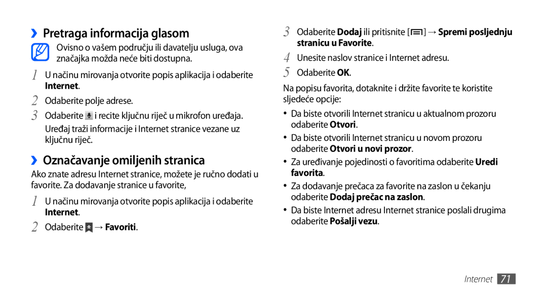 Samsung GT2S5660DSATRA ››Pretraga informacija glasom, ››Označavanje omiljenih stranica, Internet, Stranicu u Favorite 