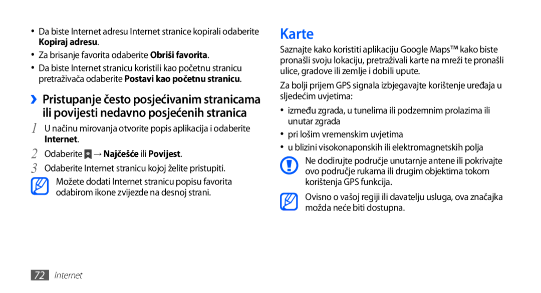 Samsung GT-S5660DSATRA, GT2S5660DSATRA manual Karte, Odaberite → Najčešće ili Povijest 