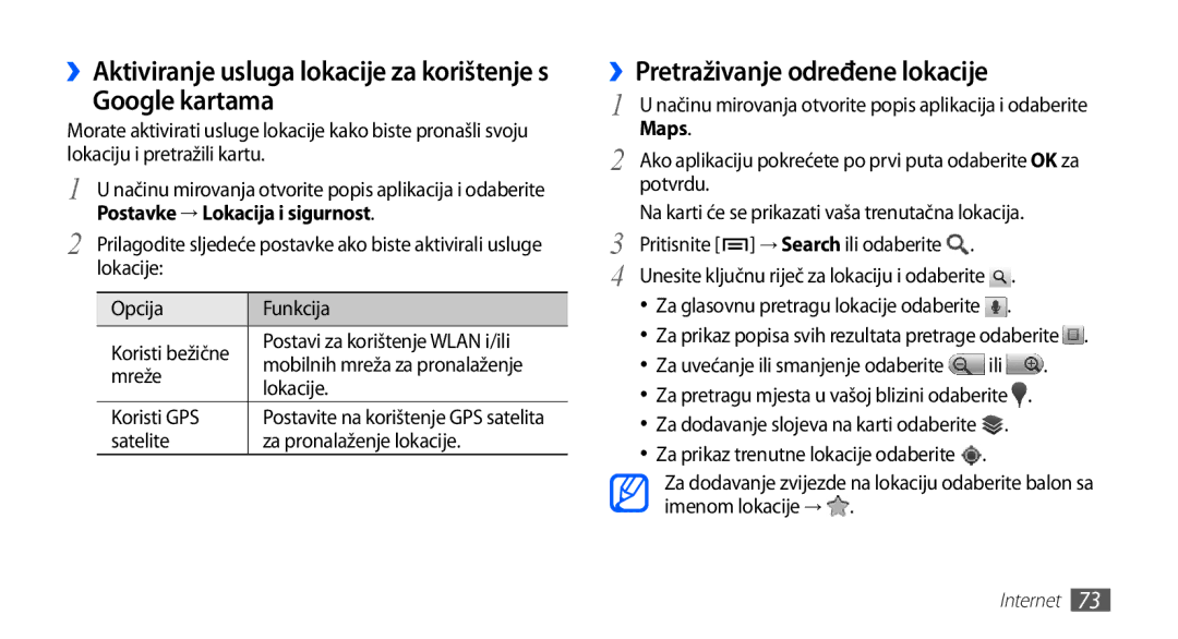 Samsung GT2S5660DSATRA Google kartama, ››Pretraživanje određene lokacije, ››Aktiviranje usluga lokacije za korištenje s 