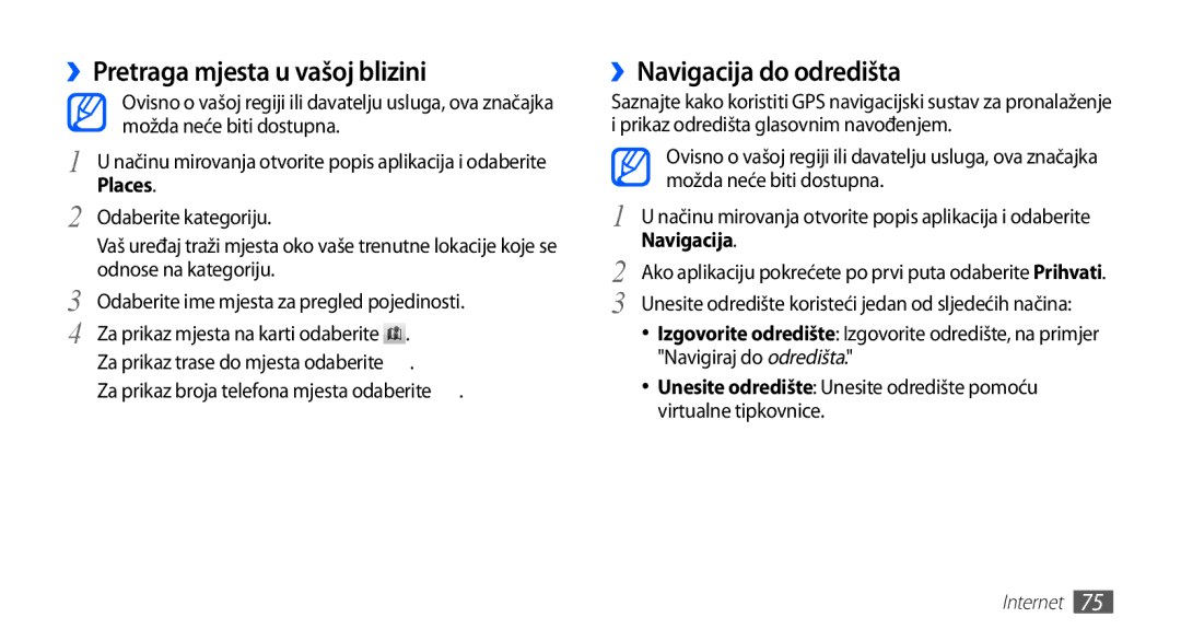 Samsung GT2S5660DSATRA, GT-S5660DSATRA manual ››Pretraga mjesta u vašoj blizini, ››Navigacija do odredišta, Places 