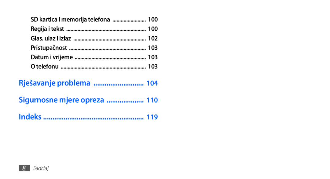 Samsung GT-S5660DSATRA, GT2S5660DSATRA manual Rješavanje problema 104, 110, 119 