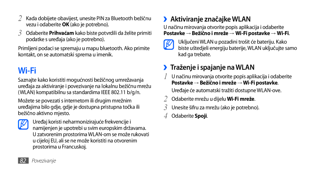 Samsung GT-S5660DSATRA, GT2S5660DSATRA manual Wi-Fi, ››Aktiviranje značajke Wlan, ››Traženje i spajanje na Wlan 