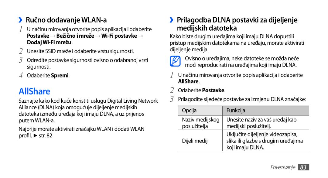 Samsung GT2S5660DSATRA AllShare, ››Ručno dodavanje WLAN-a, ››Prilagodba Dlna postavki za dijeljenje medijskih datoteka 