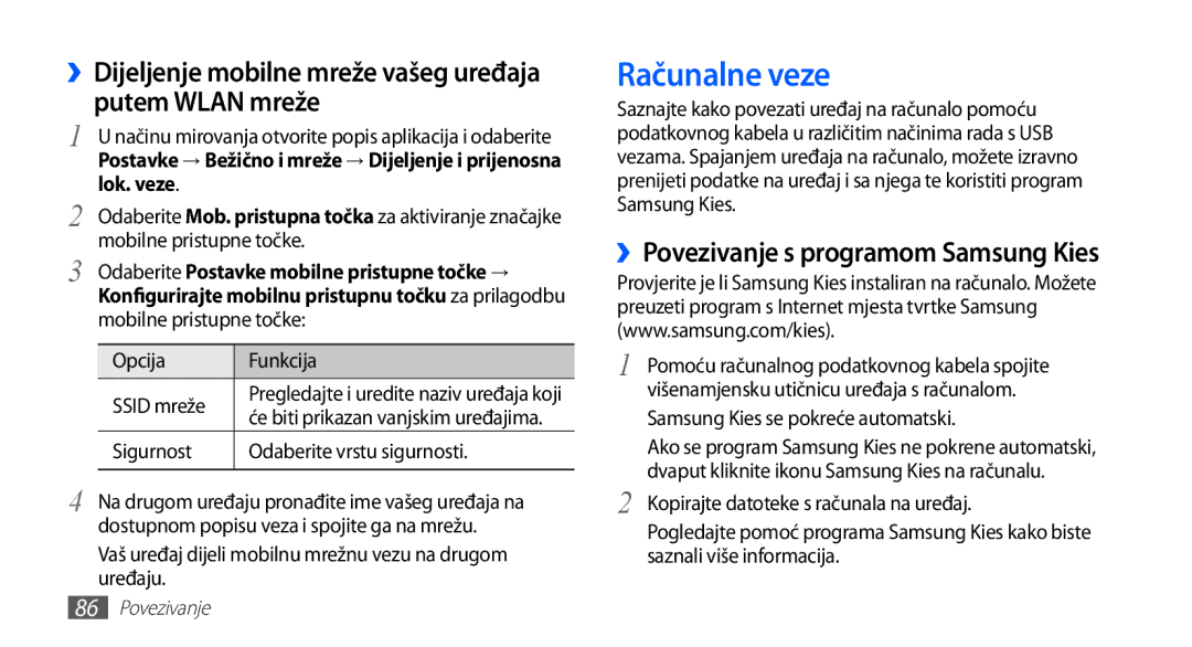 Samsung GT-S5660DSATRA manual Računalne veze, ››Dijeljenje mobilne mreže vašeg uređaja putem Wlan mreže, Lok. veze 