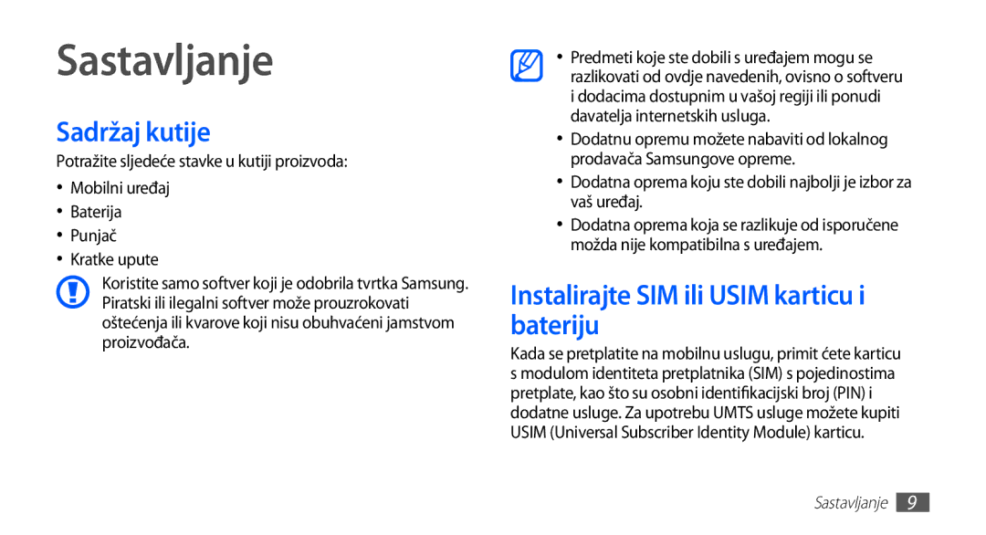 Samsung GT2S5660DSATRA, GT-S5660DSATRA manual Sastavljanje, Sadržaj kutije, Instalirajte SIM ili Usim karticu i bateriju 