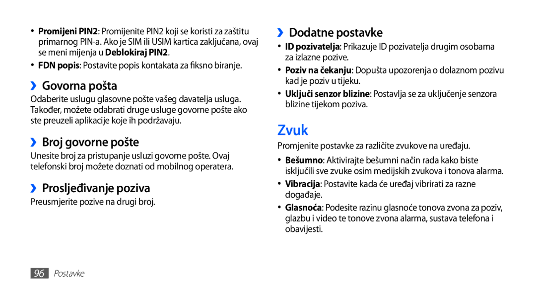 Samsung GT-S5660DSATRA manual Zvuk, ››Govorna pošta, ››Broj govorne pošte, ››Prosljeđivanje poziva, ››Dodatne postavke 