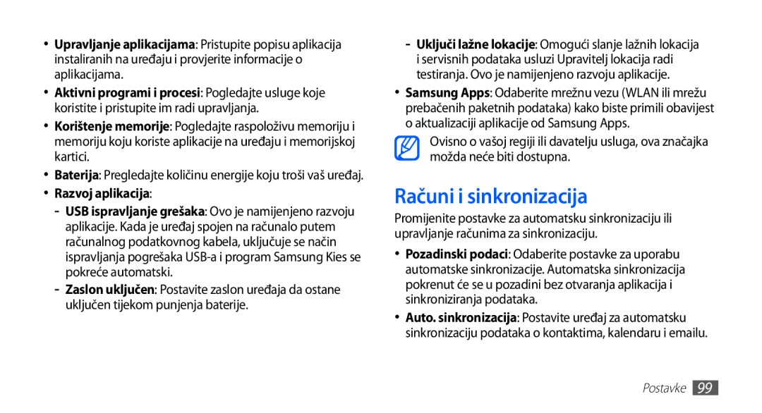 Samsung GT2S5660DSATRA, GT-S5660DSATRA manual Računi i sinkronizacija, Razvoj aplikacija 