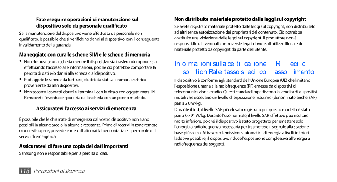 Samsung GT-S5660SWATIM Assicuratevi laccesso ai servizi di emergenza, Assicuratevi di fare una copia dei dati importanti 