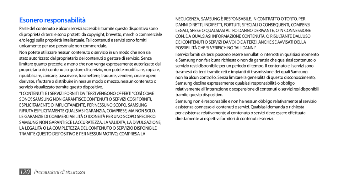 Samsung GT-S5660DSAWIN, GT-S5660DSVOMN, GT-S5660SWATIM, GT-S5660DSATIM, GT-S5660SWVOMN, GT-S5660DSAOMN Esonero responsabilità 