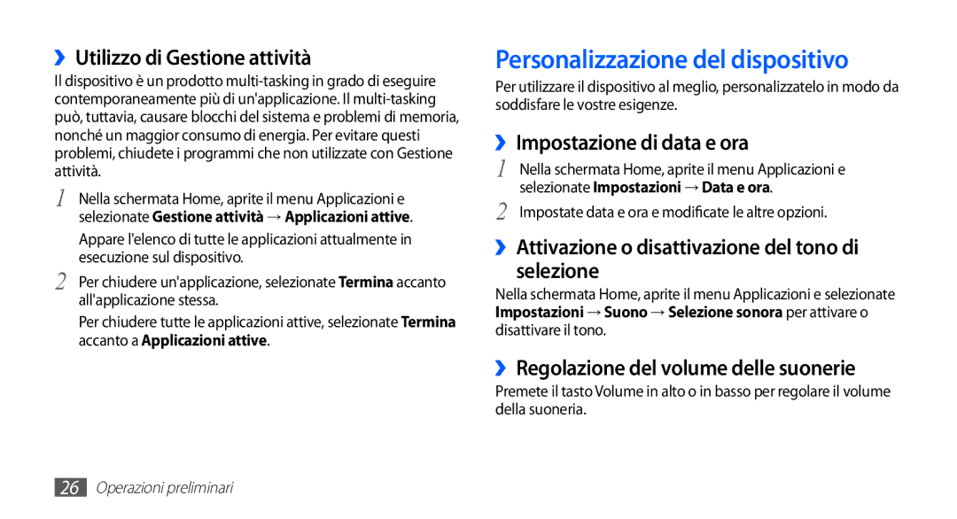 Samsung GT-S5660DSAHUI Personalizzazione del dispositivo, ››Utilizzo di Gestione attività, ››Impostazione di data e ora 