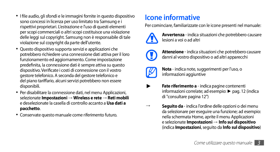 Samsung GT-S5660DSAWIN, GT-S5660DSVOMN, GT-S5660SWATIM Icone informative, Conservate questo manuale come riferimento futuro 