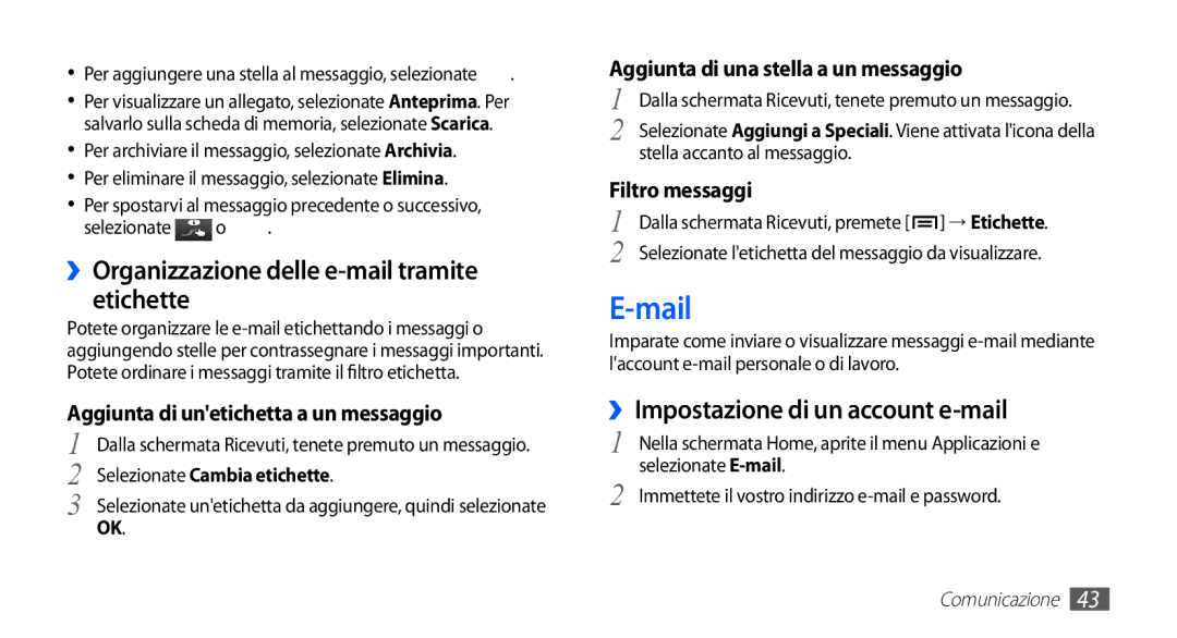 Samsung GT-S5660DSAITV manual Mail, ››Organizzazione delle e-mail tramite etichette, ››Impostazione di un account e-mail 