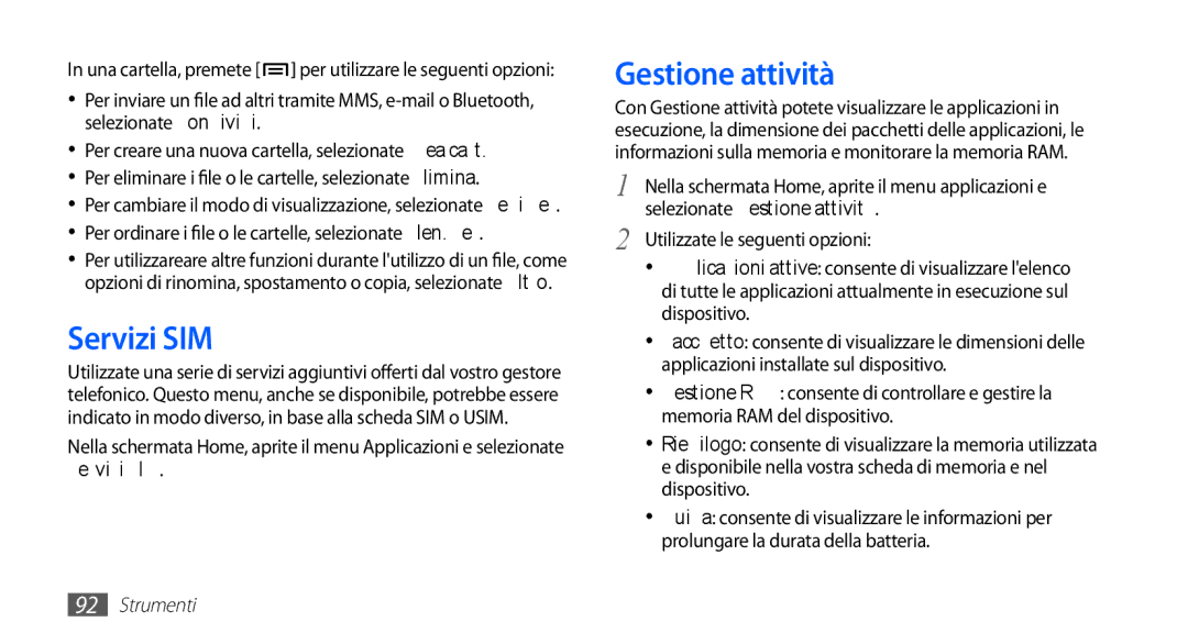 Samsung GT-S5660DSATIM manual Servizi SIM, Gestione attività, Per ordinare i file o le cartelle, selezionateElen. per 