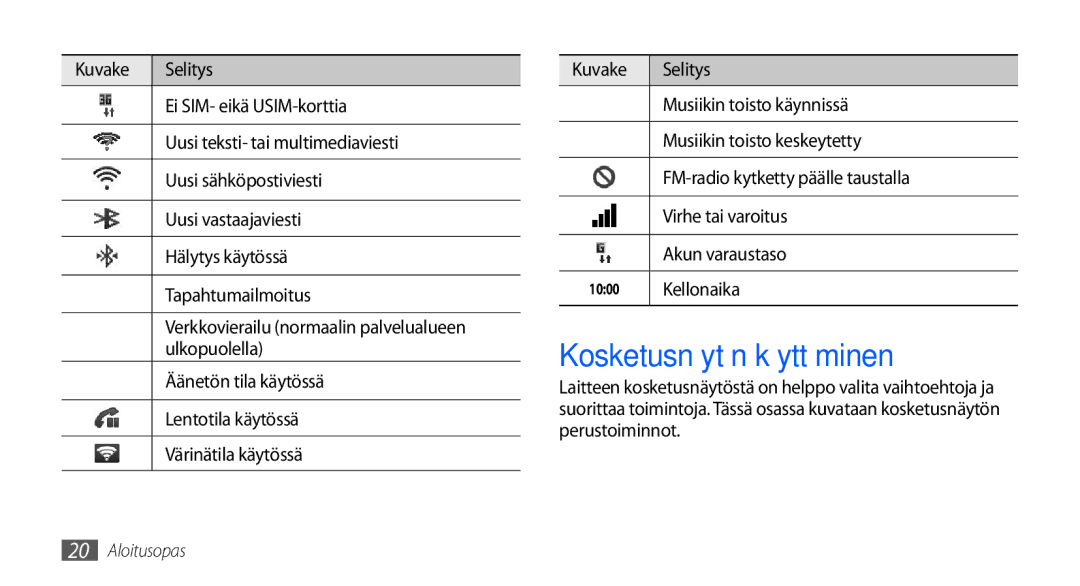 Samsung GT-S5660SWANEE, GT-S5660DSANEE manual Kosketusnäytön käyttäminen, Kellonaika 