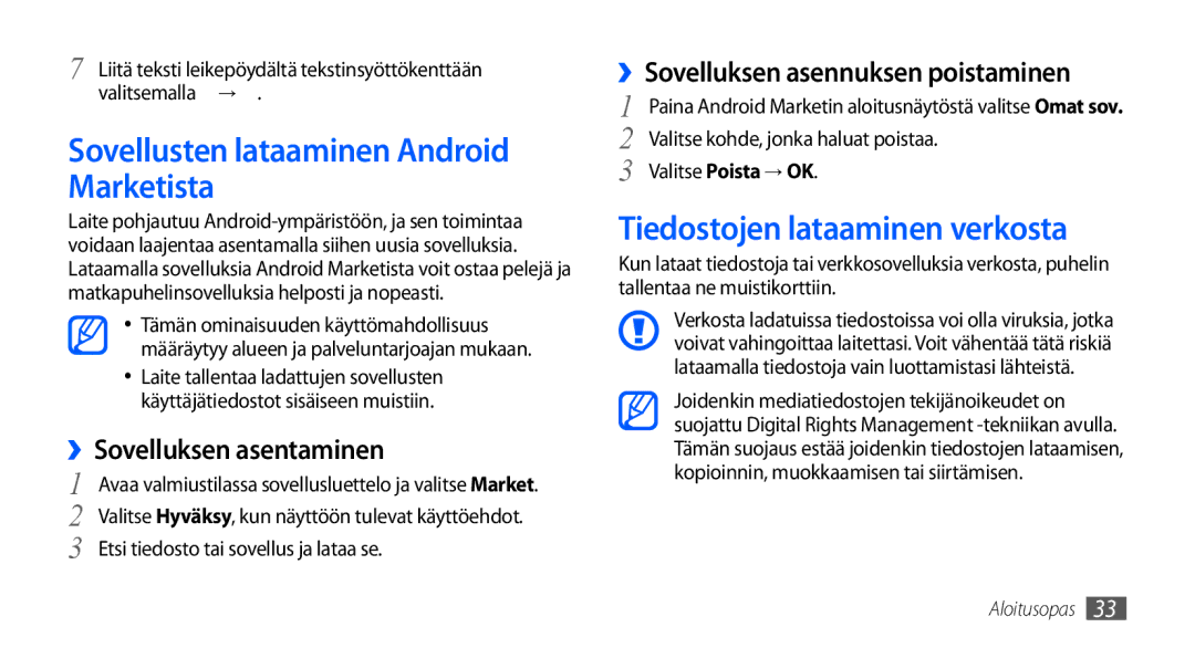 Samsung GT-S5660DSANEE, GT-S5660SWANEE manual Sovellusten lataaminen Android Marketista, Tiedostojen lataaminen verkosta 