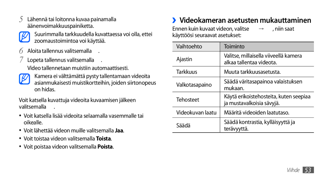 Samsung GT-S5660DSANEE, GT-S5660SWANEE manual ››Videokameran asetusten mukauttaminen 