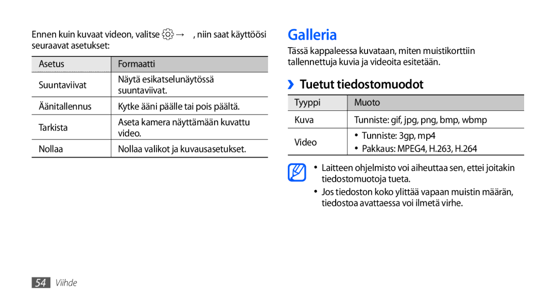 Samsung GT-S5660SWANEE, GT-S5660DSANEE manual Galleria, ››Tuetut tiedostomuodot 