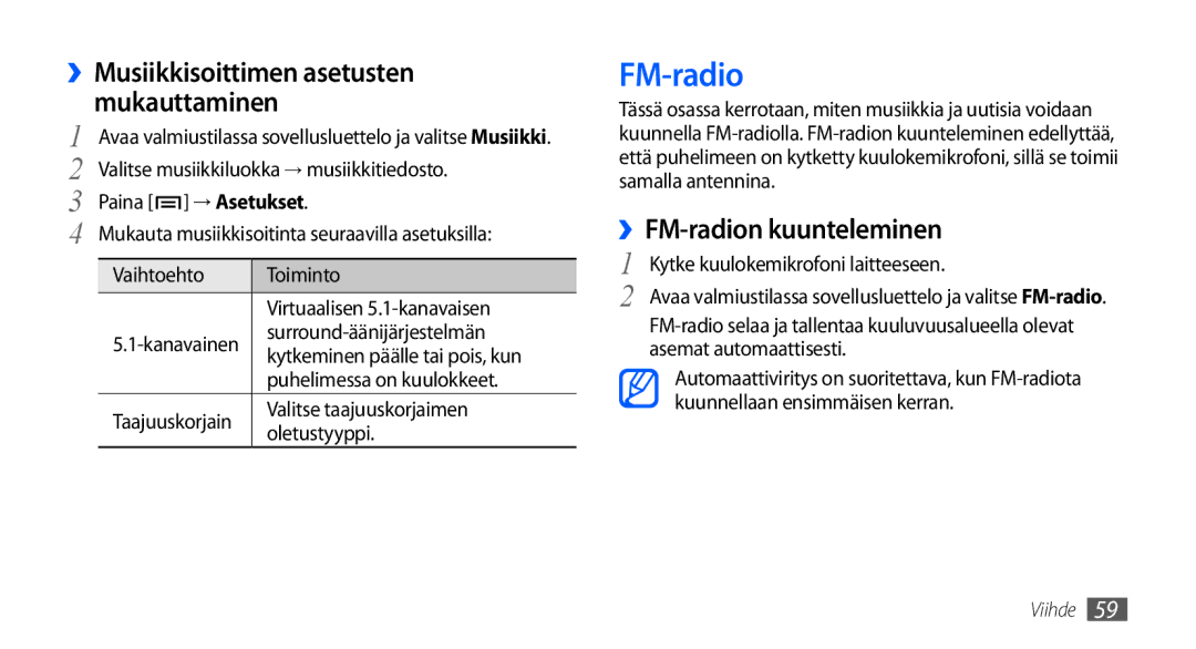 Samsung GT-S5660DSANEE, GT-S5660SWANEE manual ››FM-radion kuunteleminen, → Asetukset 