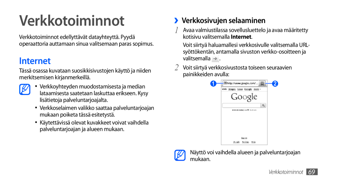 Samsung GT-S5660DSANEE, GT-S5660SWANEE manual Verkkotoiminnot, Internet, ››Verkkosivujen selaaminen 