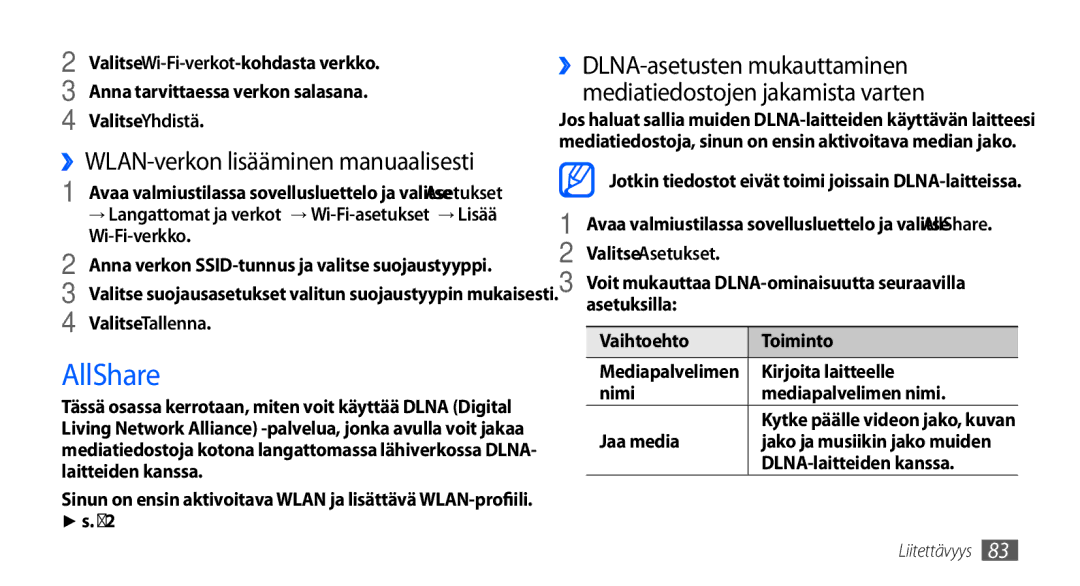 Samsung GT-S5660DSANEE, GT-S5660SWANEE manual AllShare, ››WLAN-verkon lisääminen manuaalisesti 