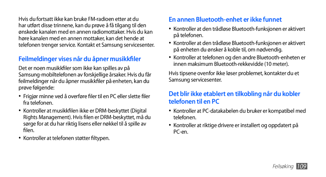 Samsung GT-S5660DSANEE manual Feilmeldinger vises når du åpner musikkfiler, Kontroller at telefonen støtter filtypen 