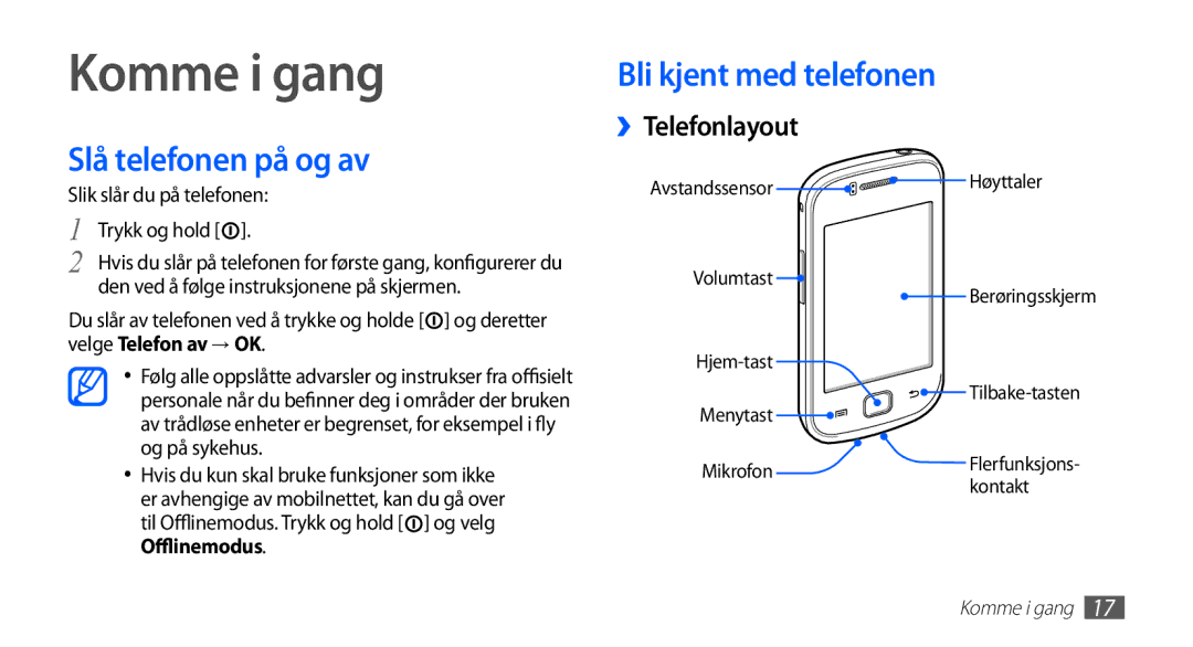 Samsung GT-S5660DSANEE manual Komme i gang, Slå telefonen på og av, Bli kjent med telefonen, ››Telefonlayout, Offlinemodus 