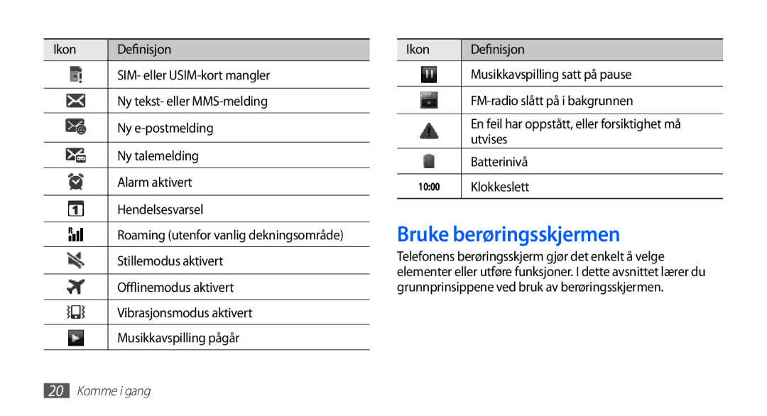 Samsung GT-S5660SWANEE, GT-S5660DSANEE manual Bruke berøringsskjermen, Utvises, Batterinivå, Klokkeslett 