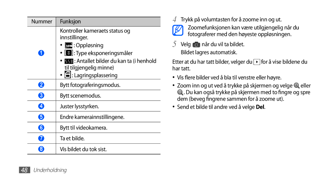 Samsung GT-S5660SWANEE Send et bilde til andre ved å velge Del, Zoom inn og ut ved å trykke på skjermen og velge eller 