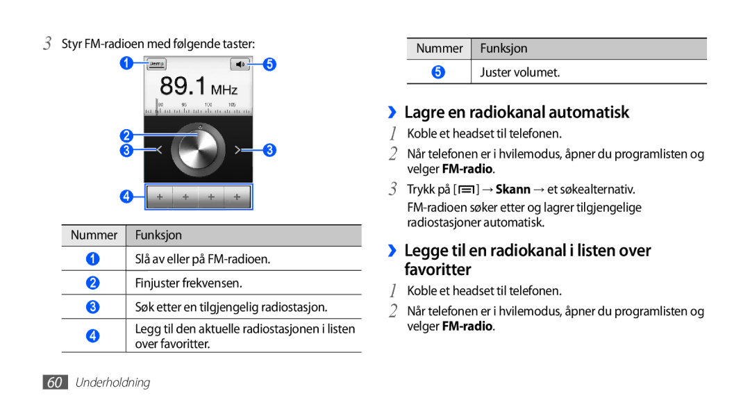 Samsung GT-S5660SWANEE manual ››Lagre en radiokanal automatisk, ››Legge til en radiokanal i listen over favoritter 