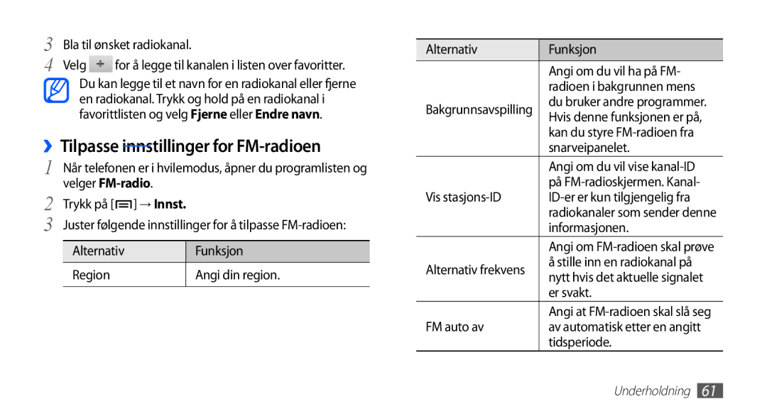 Samsung GT-S5660DSANEE, GT-S5660SWANEE manual ››Tilpasse innstillinger for FM-radioen 