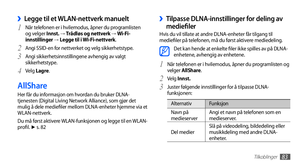 Samsung GT-S5660DSANEE, GT-S5660SWANEE manual AllShare, ››Legge til et WLAN-nettverk manuelt, Velg Innst 