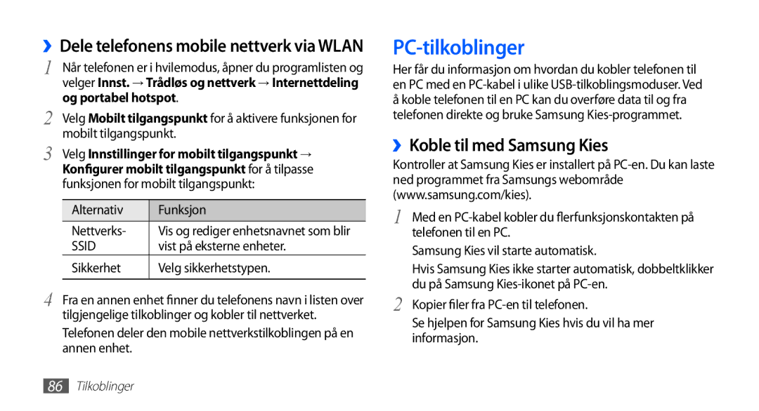 Samsung GT-S5660SWANEE, GT-S5660DSANEE manual PC-tilkoblinger, ››Koble til med Samsung Kies, Og portabel hotspot 