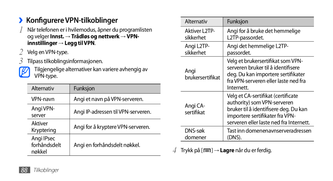 Samsung GT-S5660SWANEE, GT-S5660DSANEE manual ››Konfigurere VPN-tilkoblinger, Innstillinger → Legg til VPN 