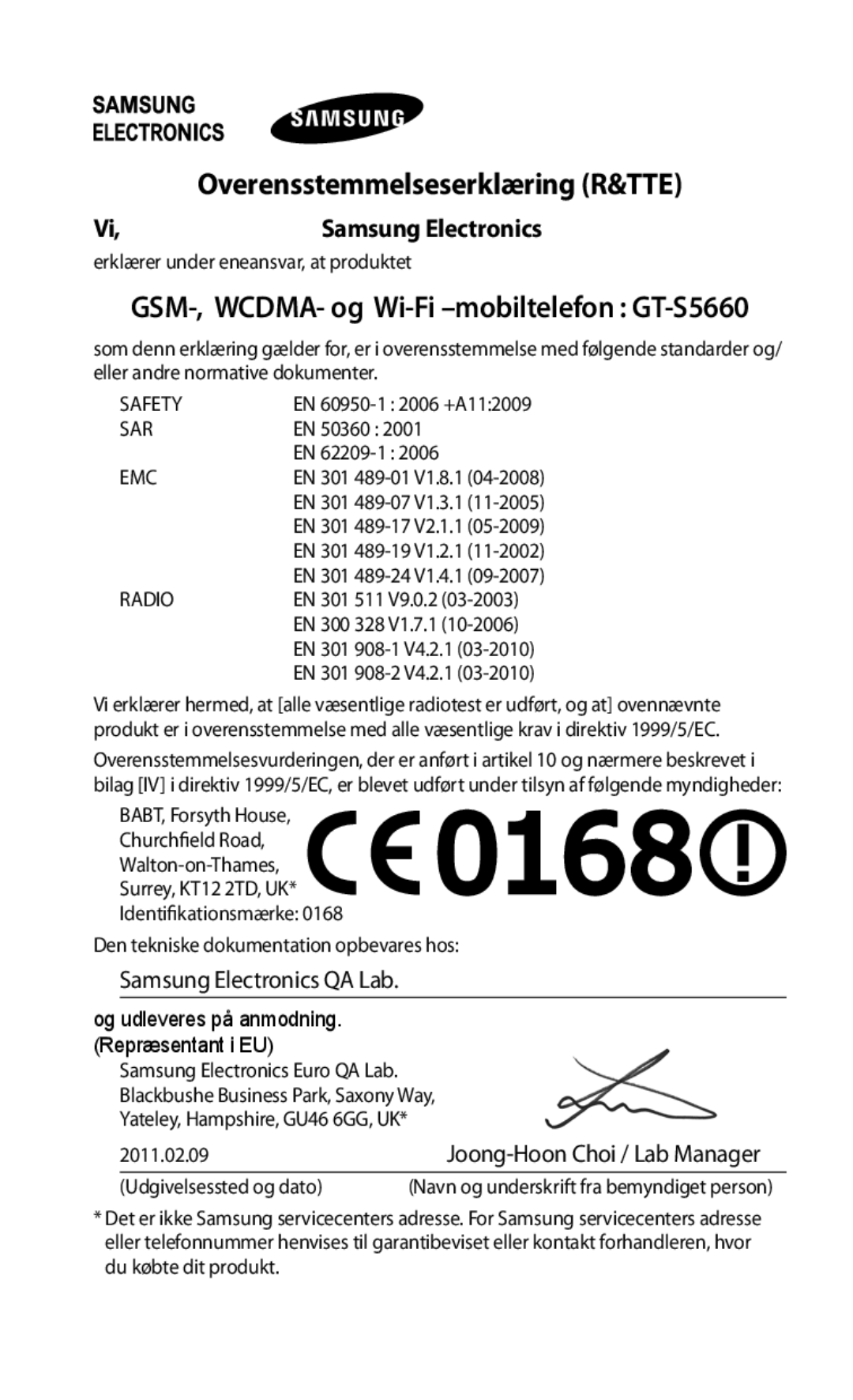 Samsung GT-S5660DSANEE, GT-S5660SWANEE manual Overensstemmelseserklæring R&TTE, Samsung Electronics 