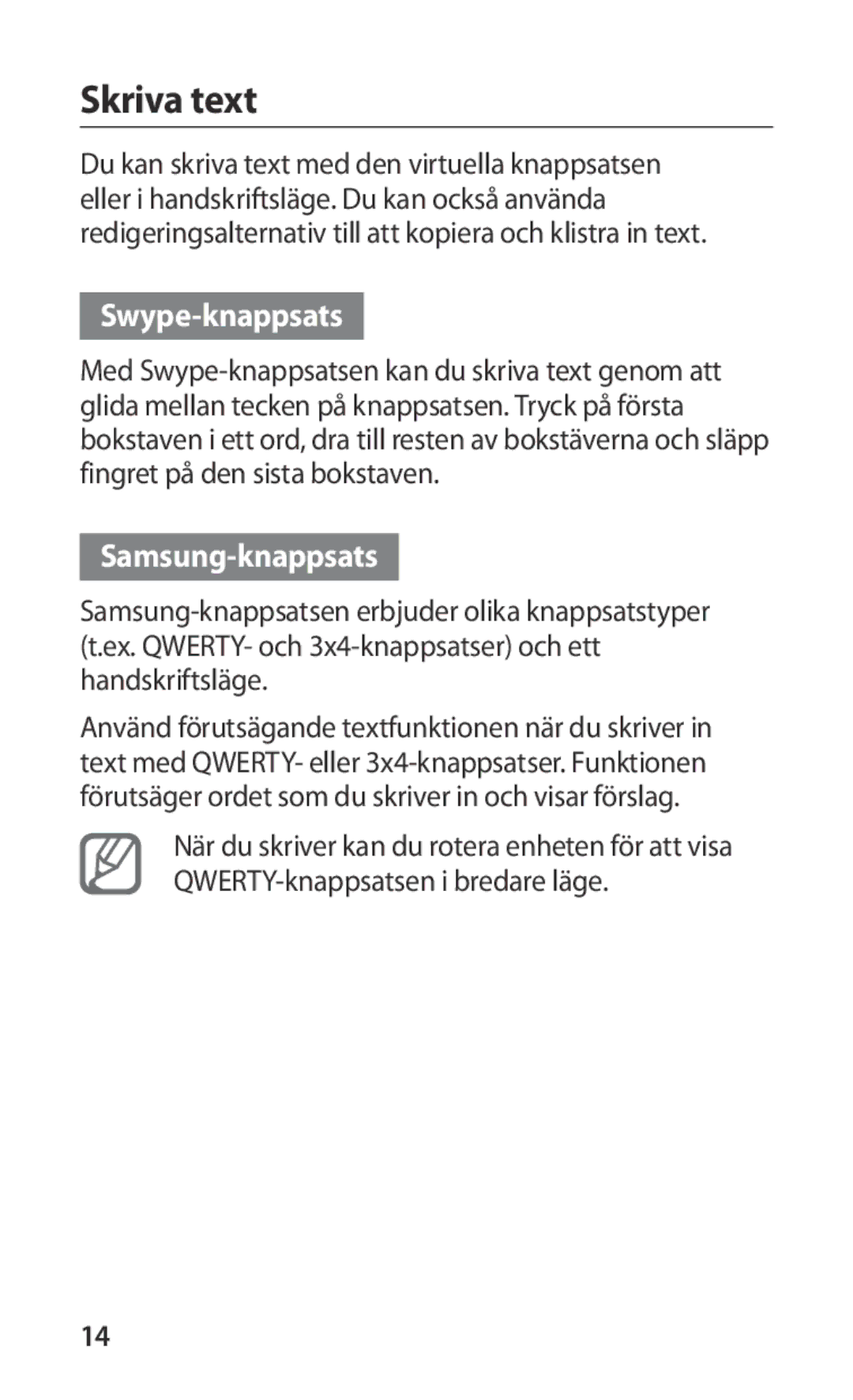 Samsung GT-S5660SWANEE, GT-S5660DSANEE manual Skriva text, Swype-knappsats 