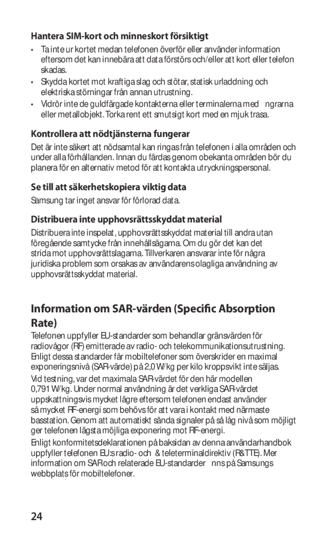 Samsung GT-S5660SWANEE Information om SAR-värden Specific Absorption Rate, Hantera SIM-kort och minneskort försiktigt 