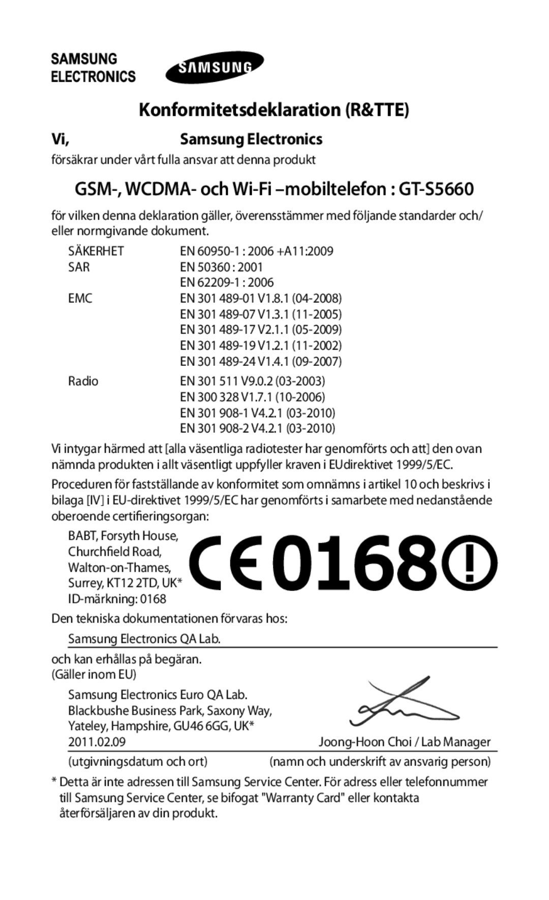 Samsung GT-S5660DSANEE, GT-S5660SWANEE manual Konformitetsdeklaration R&TTE, Samsung Electronics 