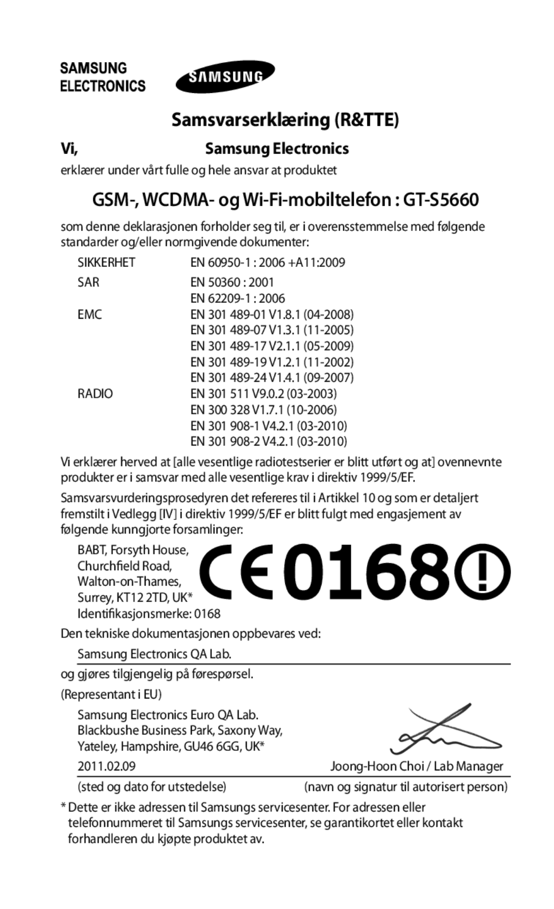 Samsung GT-S5660DSANEE, GT-S5660SWANEE manual Samsvarserklæring R&TTE, Samsung Electronics 