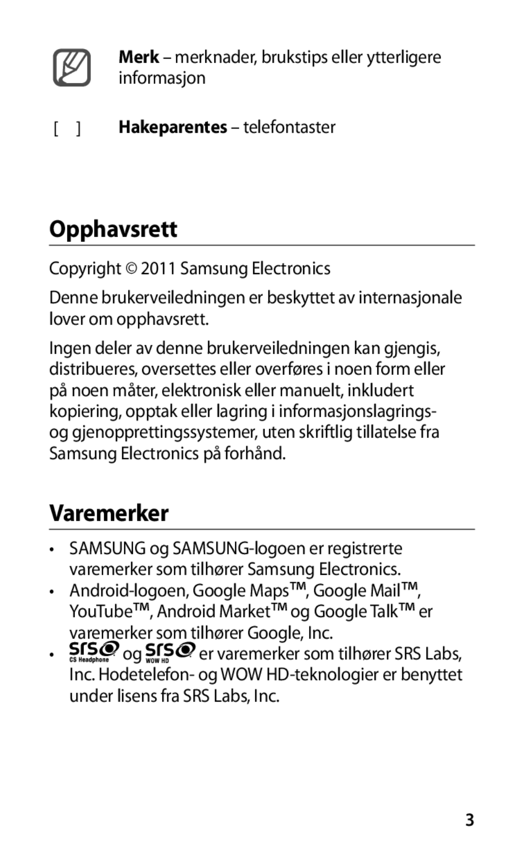 Samsung GT-S5660DSANEE, GT-S5660SWANEE manual Opphavsrett, Varemerker 