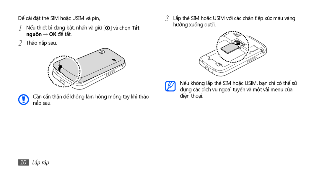 Samsung GT-S5660SWAXEV, GT-S5660SWAXXV, GT-S5660DSAXEV, GT-S5660DSAXXV manual Nguồn → OK để tắt, Tháo nắp sau, 10 Lắp ráp 