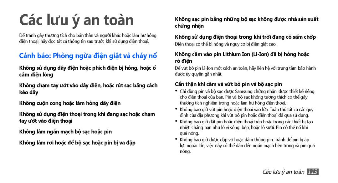 Samsung GT-S5660DSAXXV, GT-S5660SWAXXV, GT-S5660DSAXEV manual Các lưu ý an toàn, Cả̉nh báo Phòng ngừa điện giật và cháy nổ 