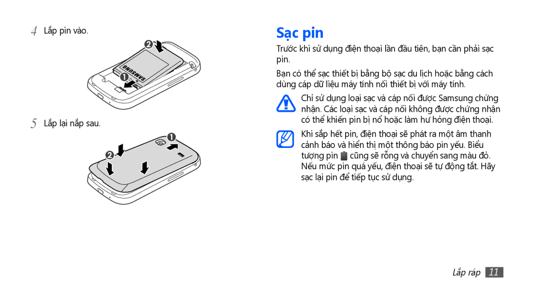 Samsung GT-S5660SWAXXV, GT-S5660DSAXEV, GT-S5660DSAXXV, GT-S5660SWAXEV manual Sạc pin, Lắp pin vào Lắp lại nắp sau 