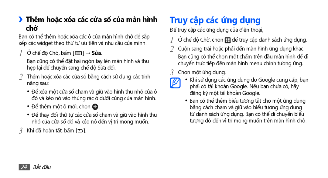 Samsung GT-S5660DSAXEV, GT-S5660SWAXXV Truy cập các ứ́ng dụng, ››Thêm hoặc xóa các cửa sổ của màn hì̀nh chờ, 24 Bắt đầu 